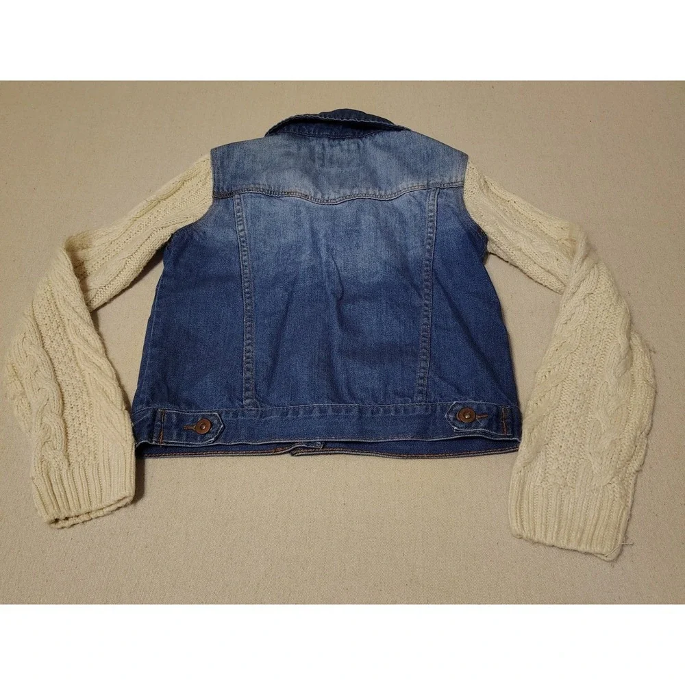 Forever 21 Denim Jacket Cream Knit Sleeve Combo Trucker Style Blue - Picture 7 of 8